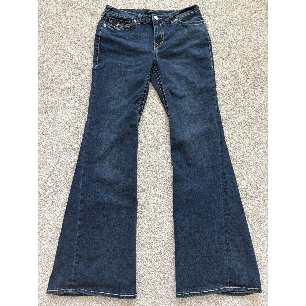 True Religion Joey Mid Rise Flap Flare Womens 32 Dark Wash Twisted Seam Y2K - Picture 2 of 9